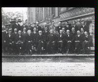 A photograph taken at the 5th Solvay Conference in Physics 1927, in Leopold Park in Brussels.  Pictured are Auguste Piccard, Emile Henriot, Paul Ehrenfest, Ed Herzen, Theophile de Donder, Erwin Schrodinger, Jules-Emile Verschaffelt, Wolfgang Pauli, Werner Heisenberg, Ralph Fowler, Leon Brillouin, Peter Debye, Martin Knudsen, William Bragg, Hendrik Kramers, Paul Dirac, Arthur Compton, Arthur Compton, Louis de Broglie, Max Born, Niels Bohr, Irving Langmuir, Max Planck, Marie Curie, Hendrik Lorentz, Albert Einstein, Ch. E. Guye, Paul Langevin, Owen Richardson and Charles Wilson.